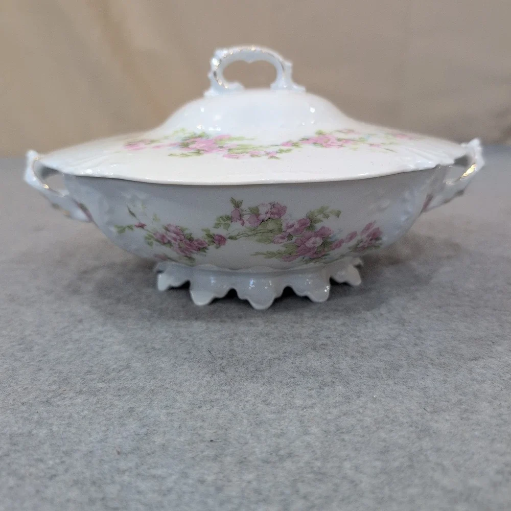 Antique Porcelain Covered Vegetable Tureen Pink Floral Gold‎ Gilt Footed Dish